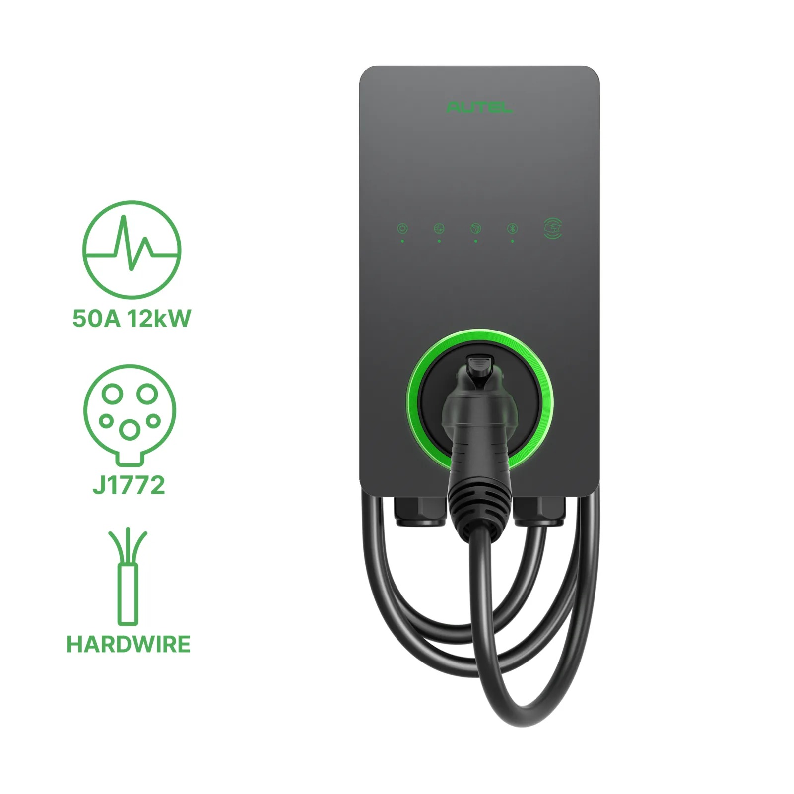Autel MaxiCharger AC Lite Home 50A in dark gray, front view with 50A 12kW, J1772 and hardwire spec icons