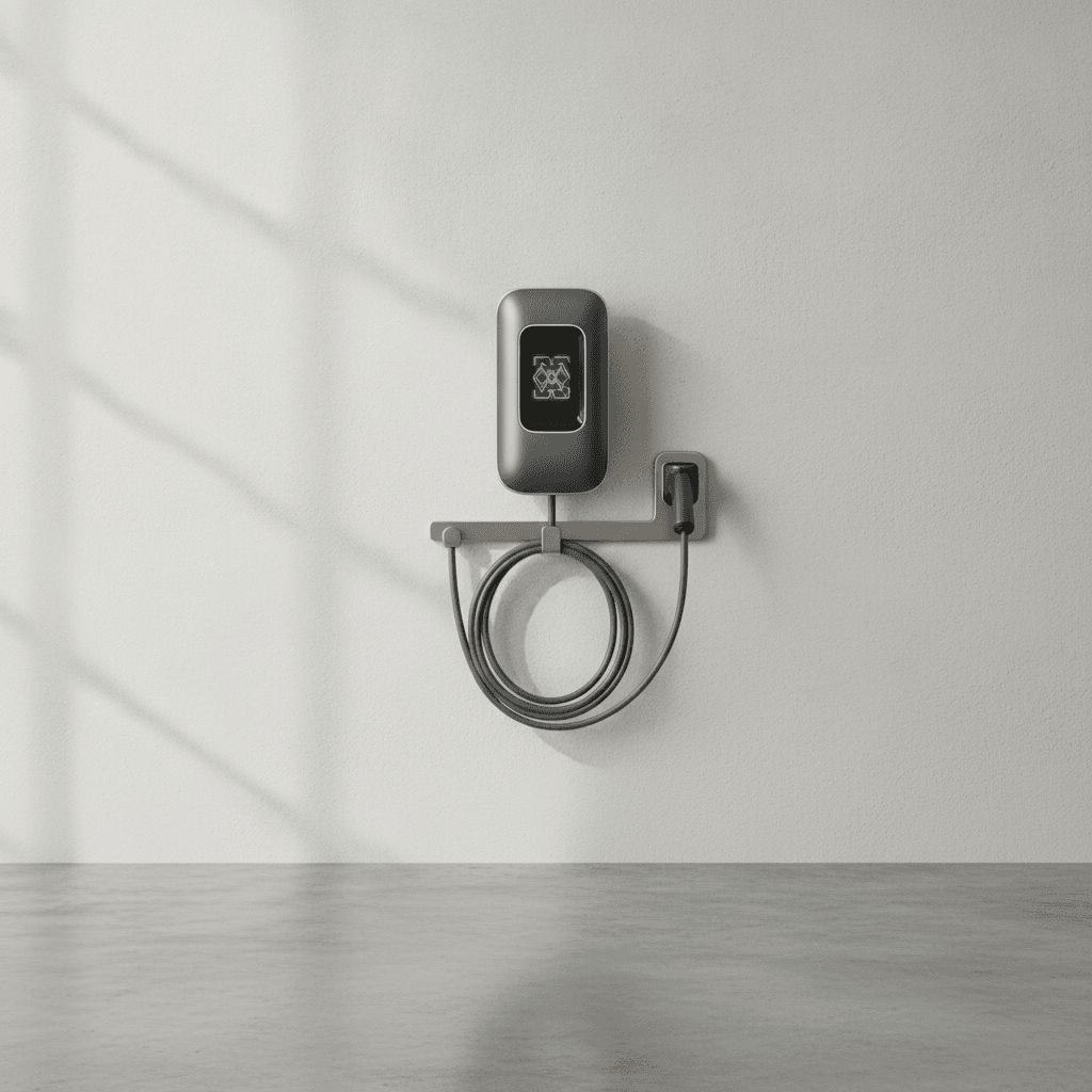 A tall Level 2 home charger with a blank display mounted on a modern garage wall