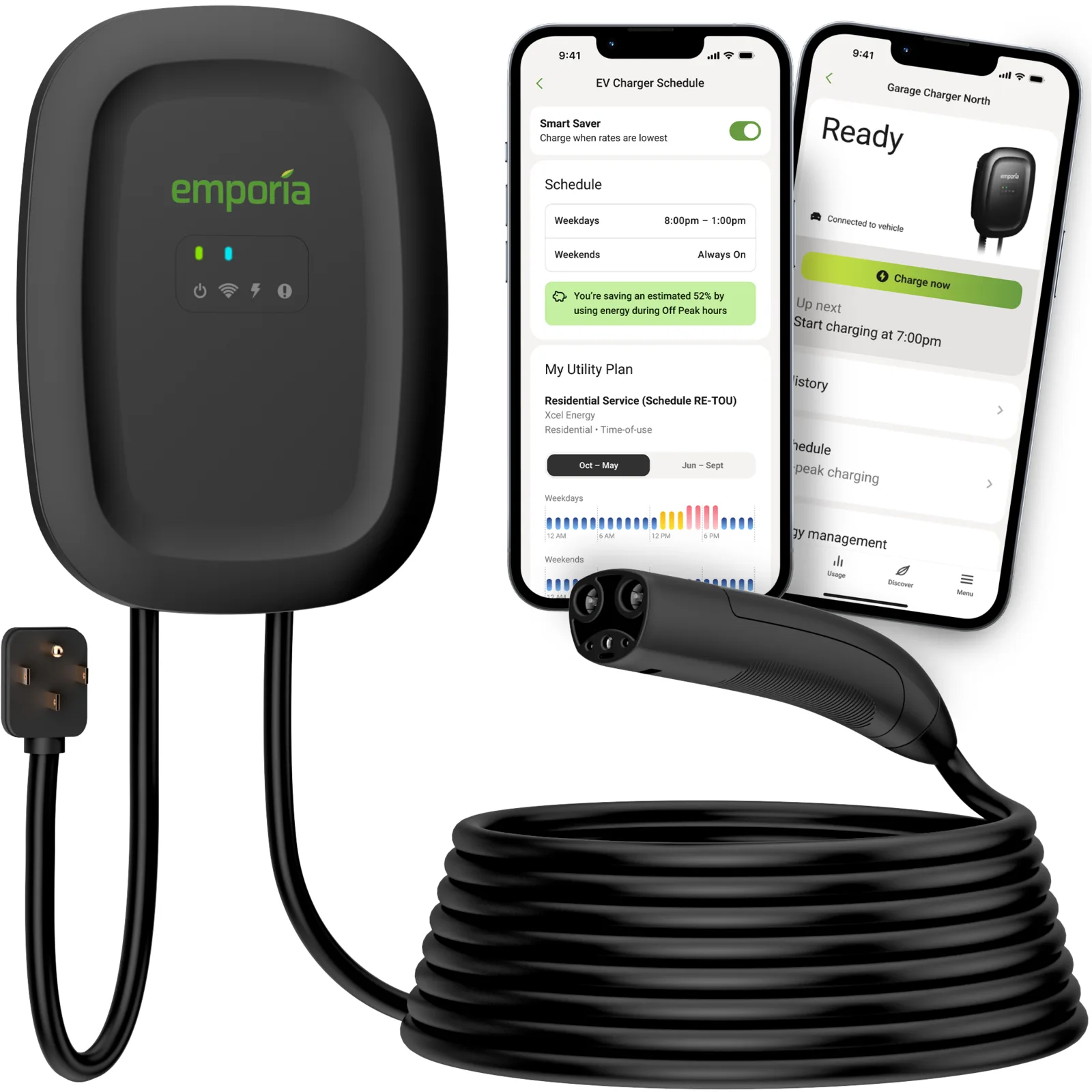Black Emporia Classic Level 2 EV charger with NACS connector and NEMA 14-50 plug, product shot