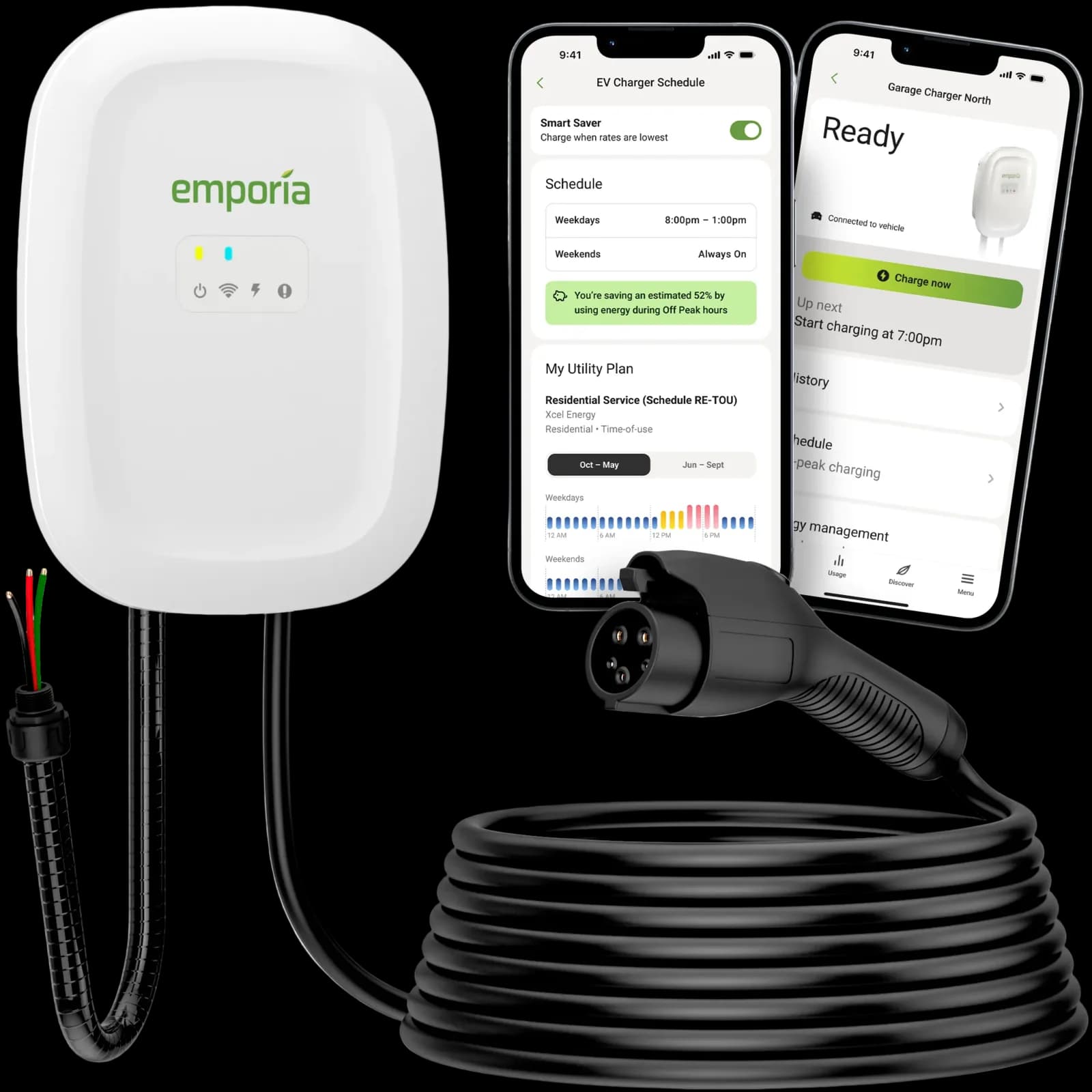 White Emporia Classic Level 2 EV charger with J1772 connector, hardwired version, product shot