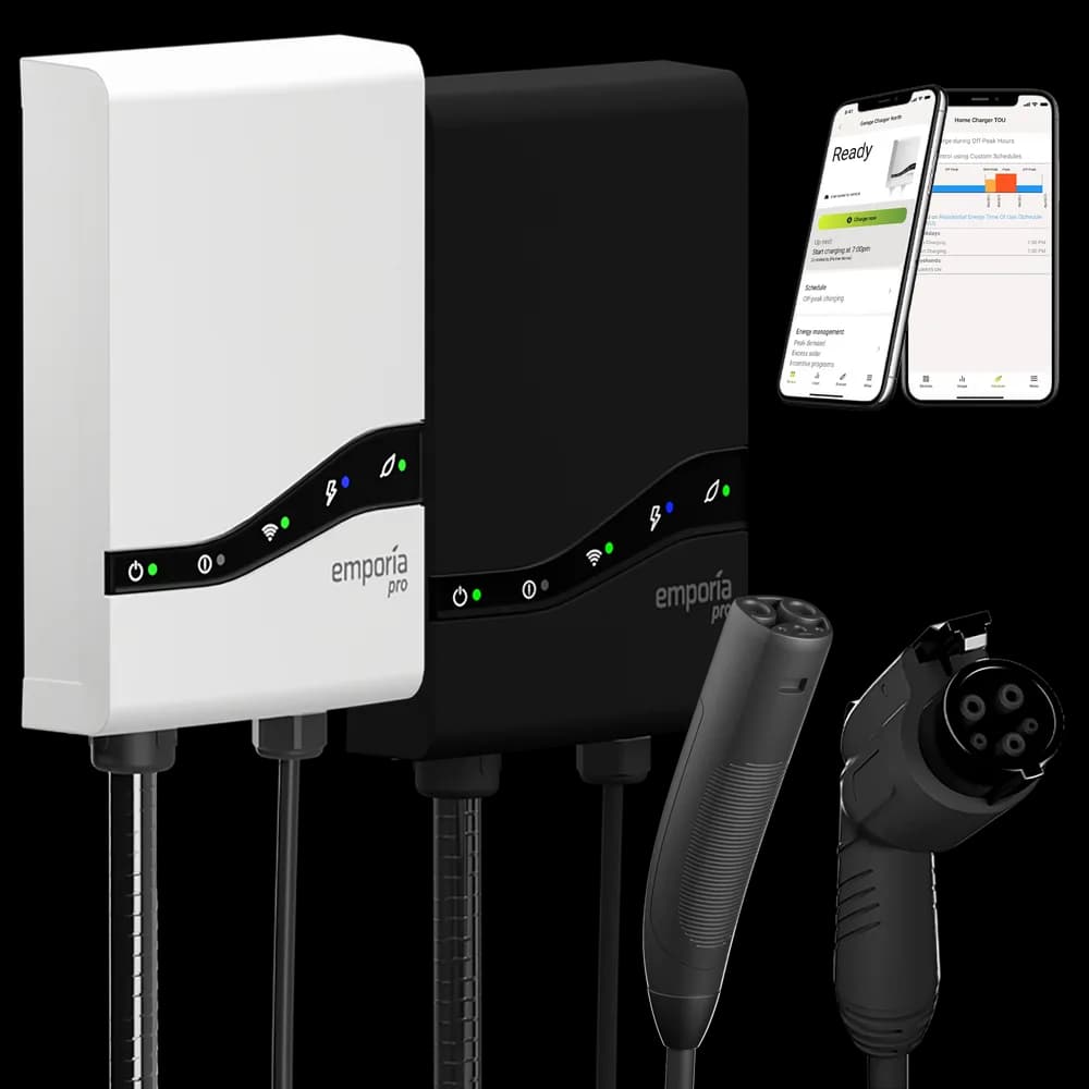 Emporia Pro EV charger shown with NACS and J1772 connector options