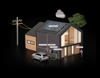 Illustration of a home with rooftop solar, battery storage, and an EV charging in the driveway, all connected in one Enphase system