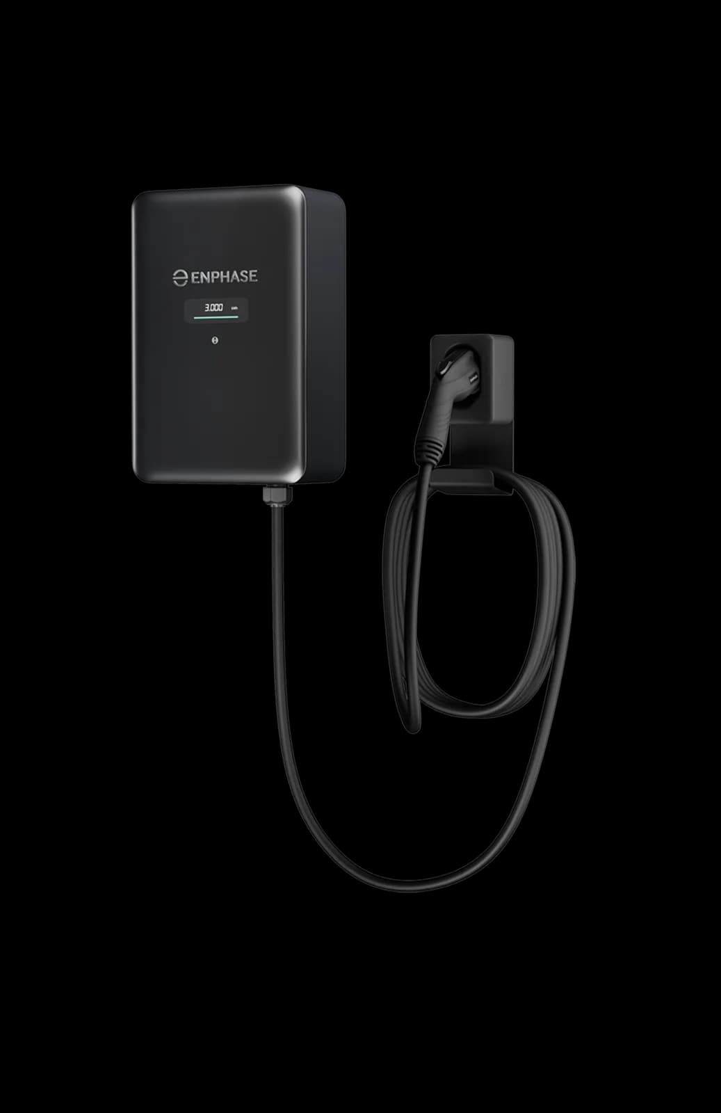 Enphase IQ EV Charger 2 black wall unit with kWh display and holstered J1772 connector with coiled cable