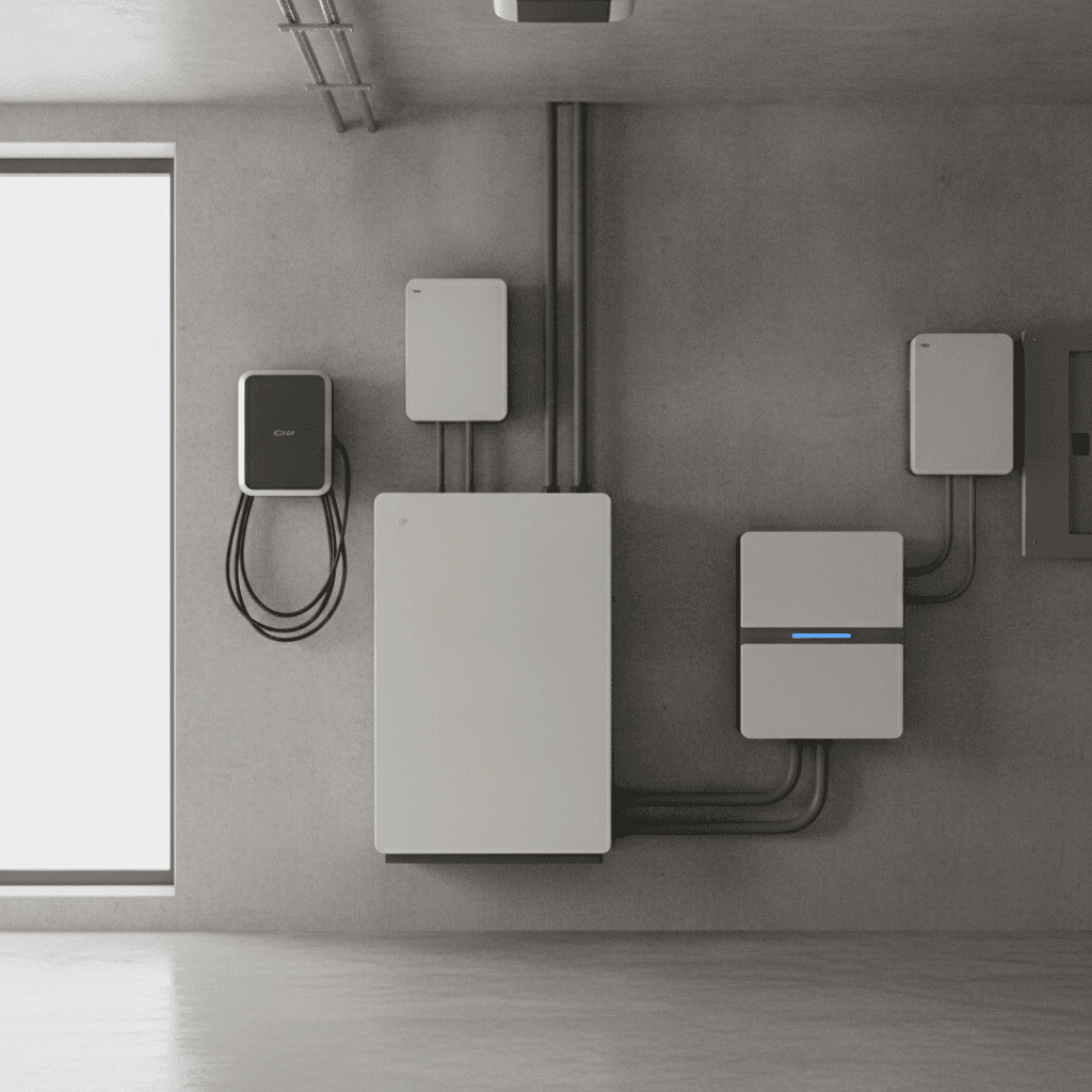 A Level 2 home charger next to a home-energy gateway box on a clean utility wall