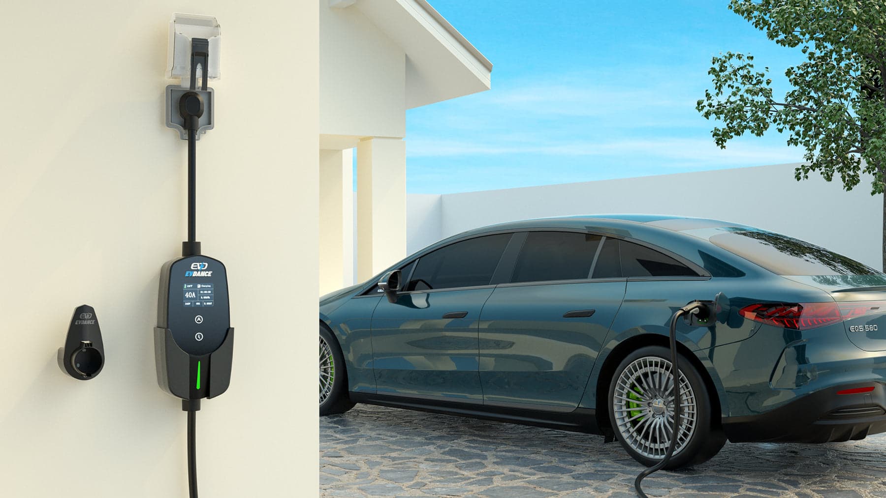 EVDANCE wall-mounted Level 2 charger connected to an electric car outside a modern home