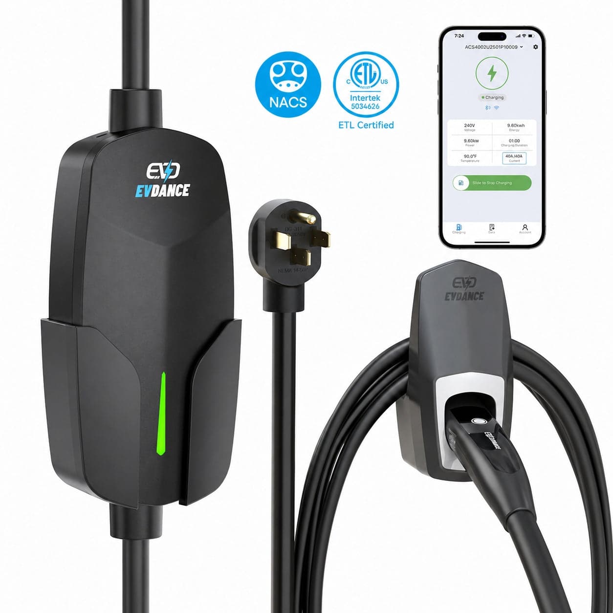 EVDANCE 32A portable NACS charger with NEMA 14-50 plug, wall holster, and mobile app