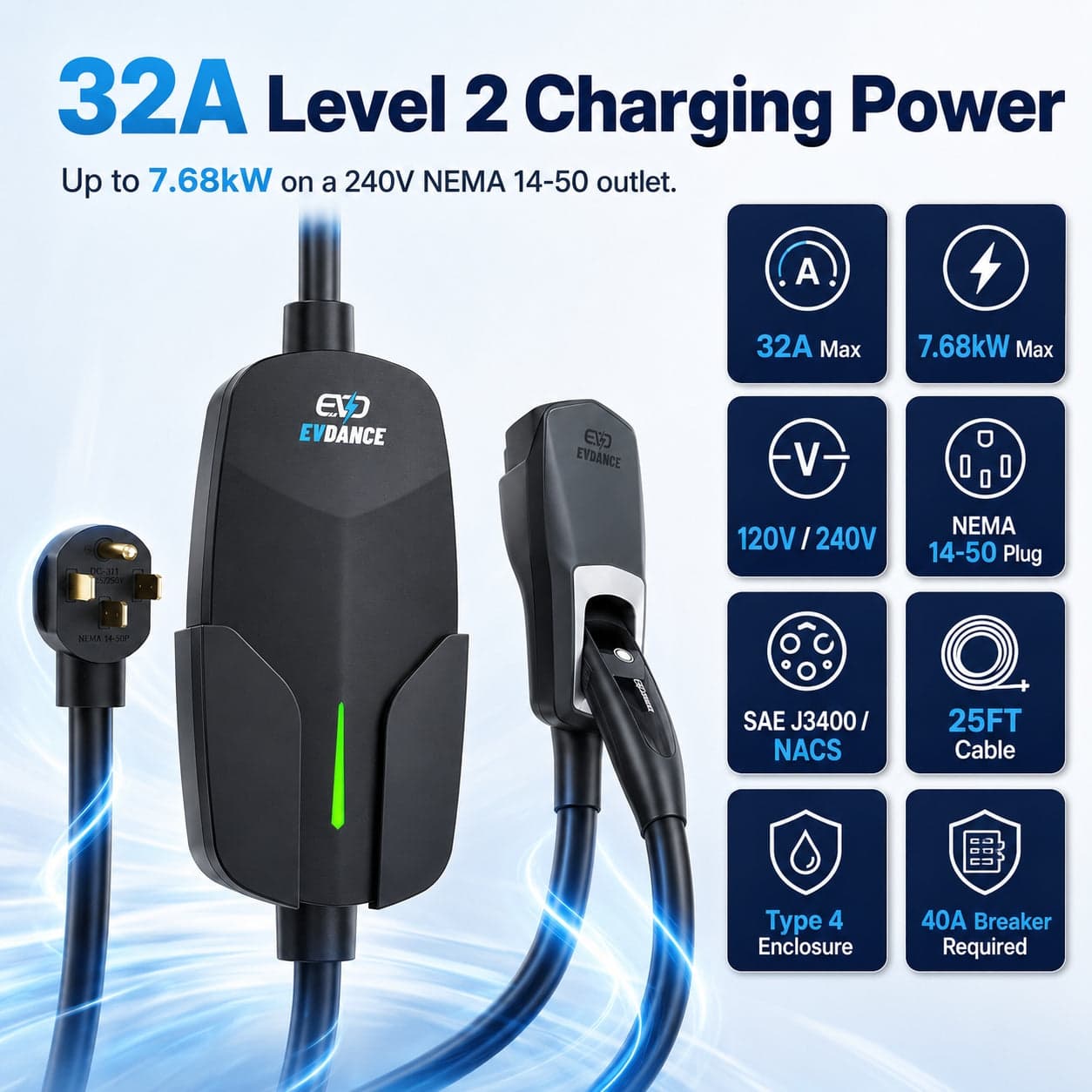 EVDANCE 32A portable Level 2 NACS charger with charging power and cable specifications