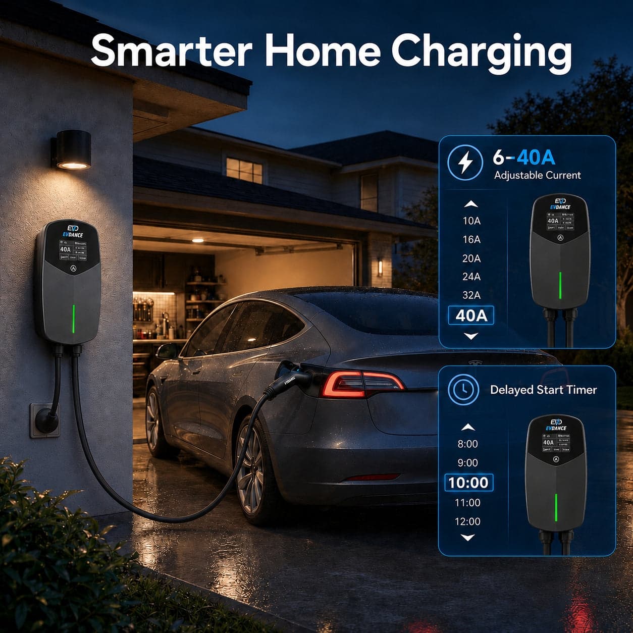EVDANCE 40A wall charger installed indoors beside its mobile charging controls
