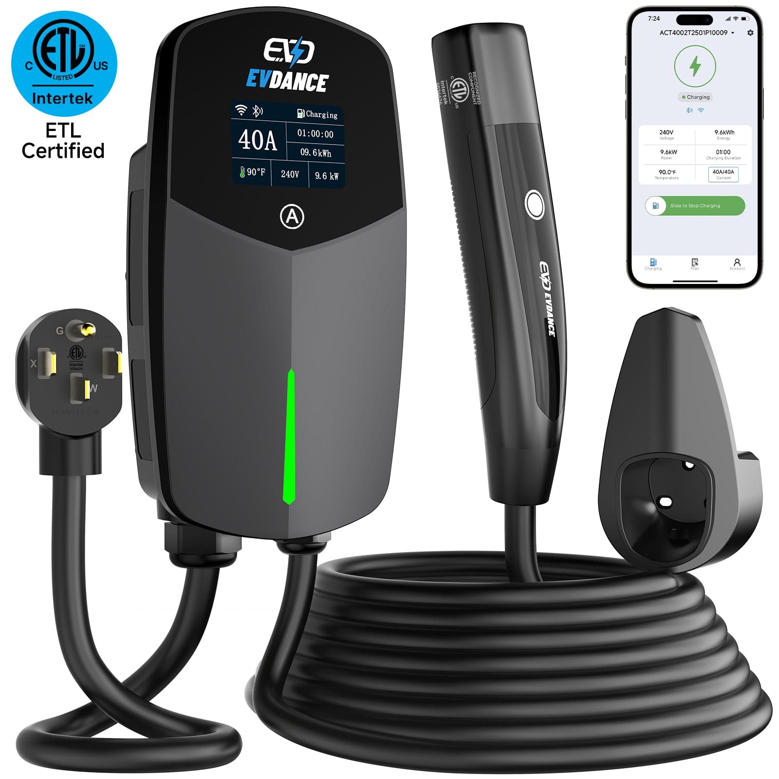 EVDANCE 40A wall charger with NEMA 14-50 plug, NACS connector, cable holster, and mobile app