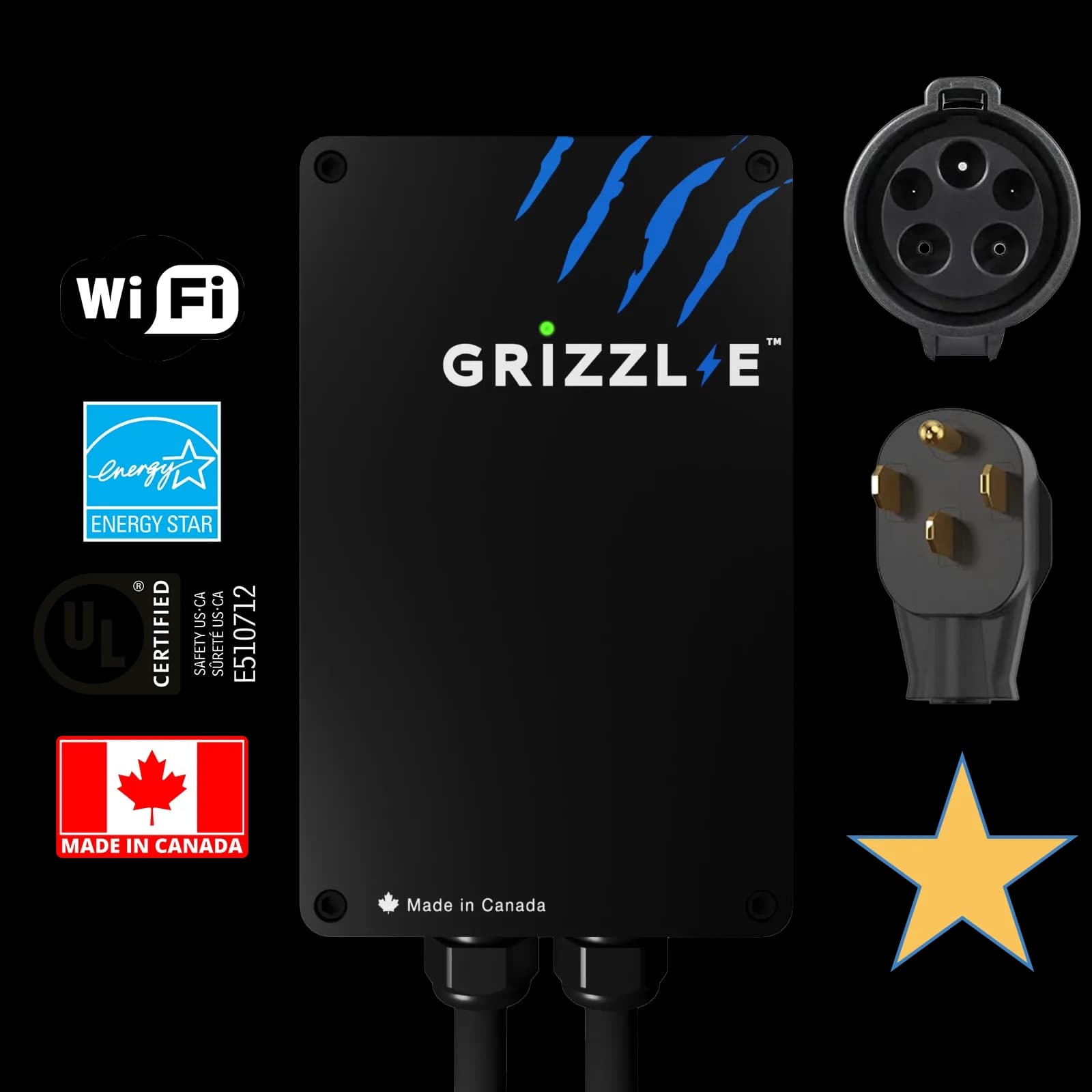 Grizzl-E charger shown with WiFi, ENERGY STAR, UL and Made in Canada badges, J1772 connector and NEMA 14-50 plug