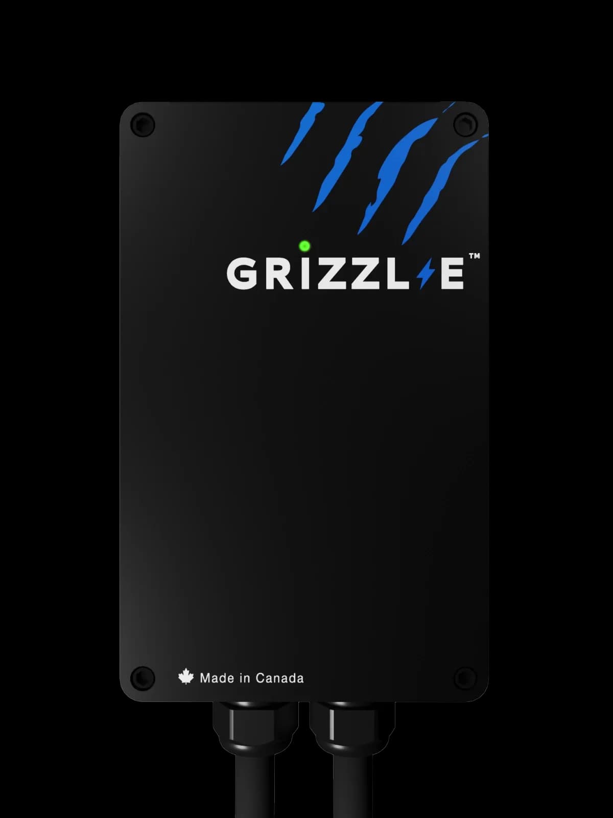Grizzl-E Classic 40A front view, black cast-aluminum enclosure with green status LED