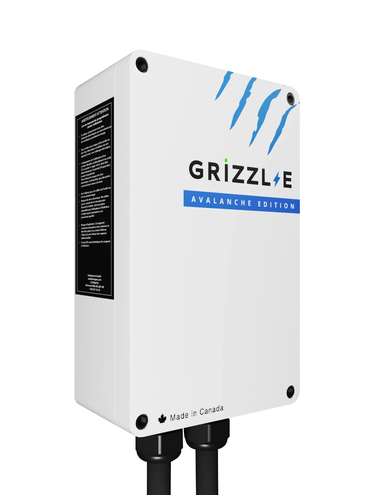 White Grizzl-E Classic Avalanche Edition charger, angled view showing the side safety label
