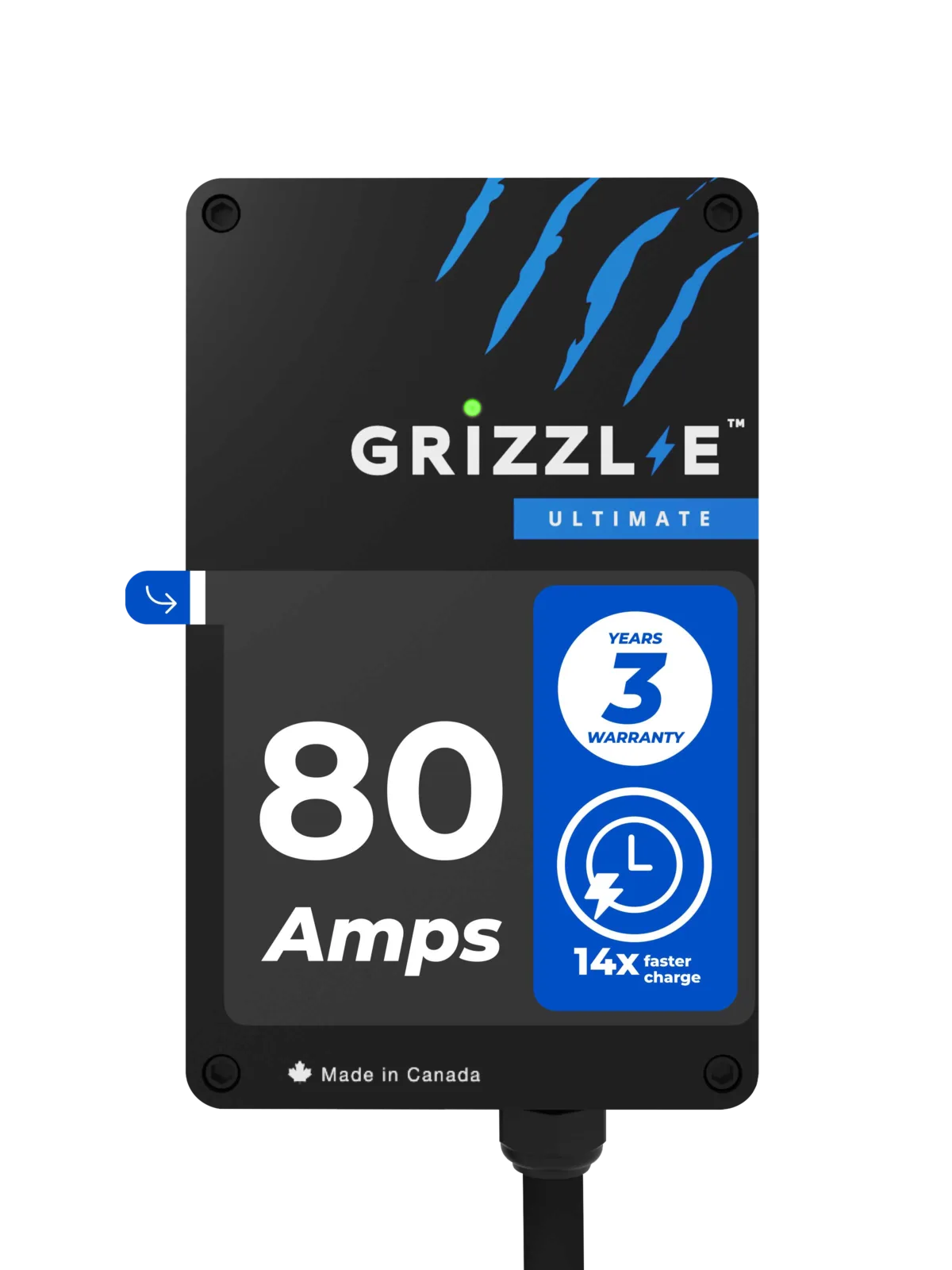 Grizzl-E Ultimate 80 Amp charger front panel with a 3-year warranty badge