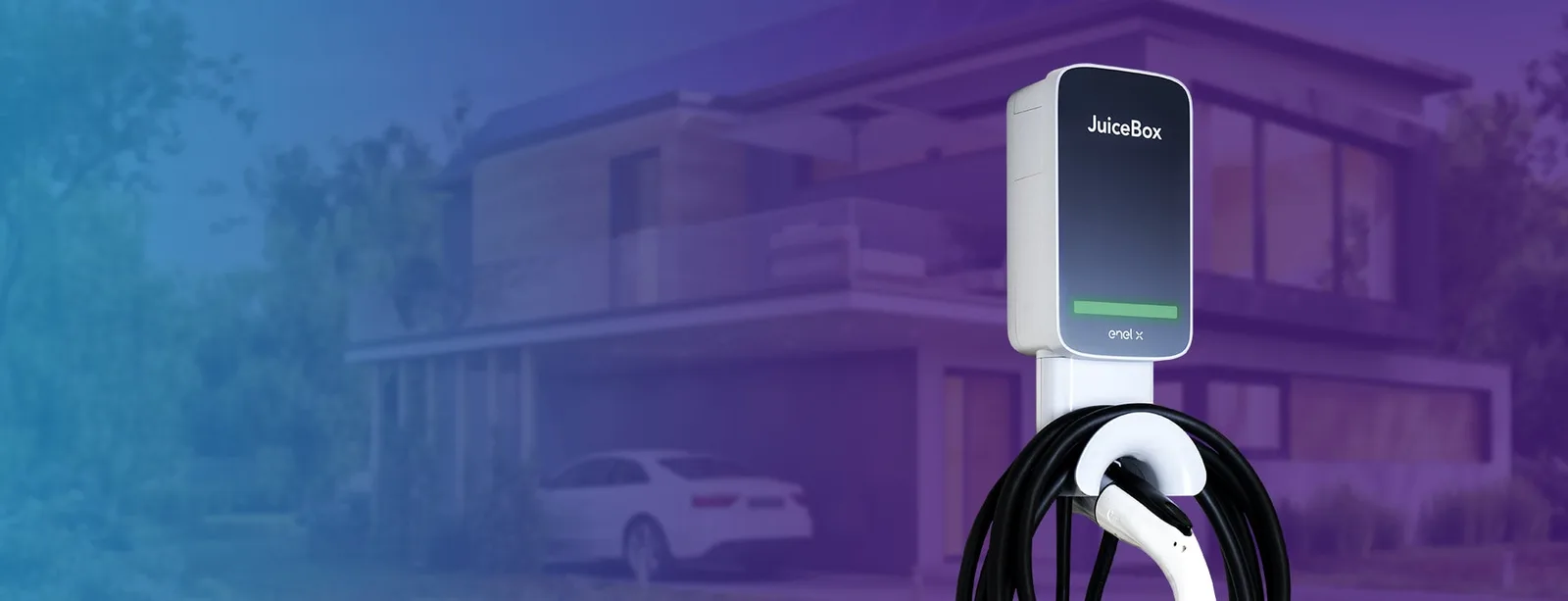 JuiceBox 40 smart home EV charging station shown in front of a modern home