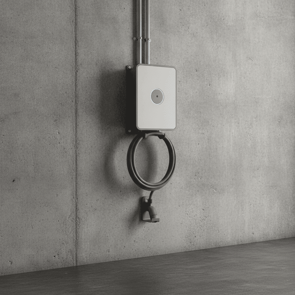 A Level 2 home charger on a garage wall with a phone on the bench below showing a blank scheduling screen