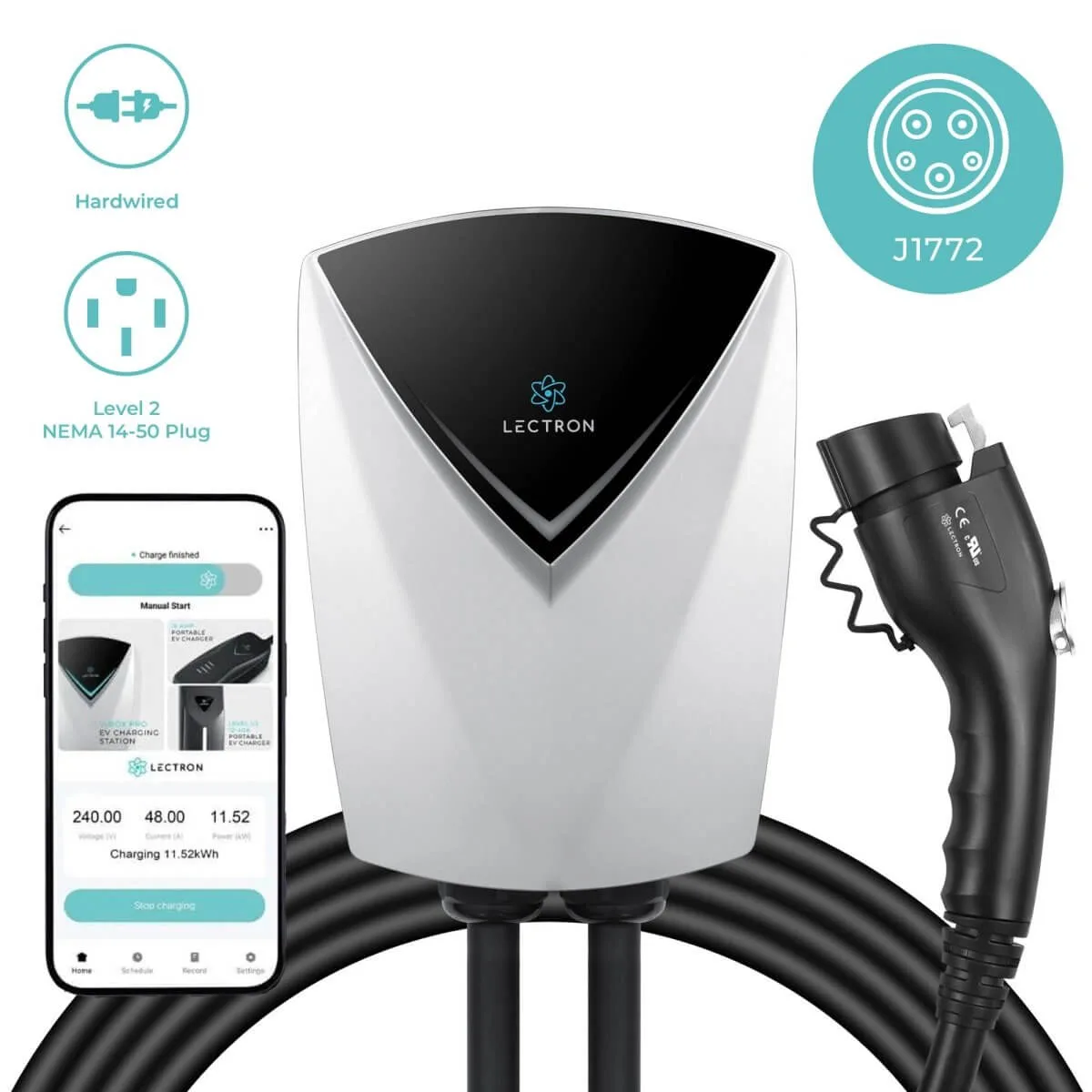 White Lectron V-BOX Pro 48A wall charger with J1772 connector and the Lectron app showing 11.5 kW charging