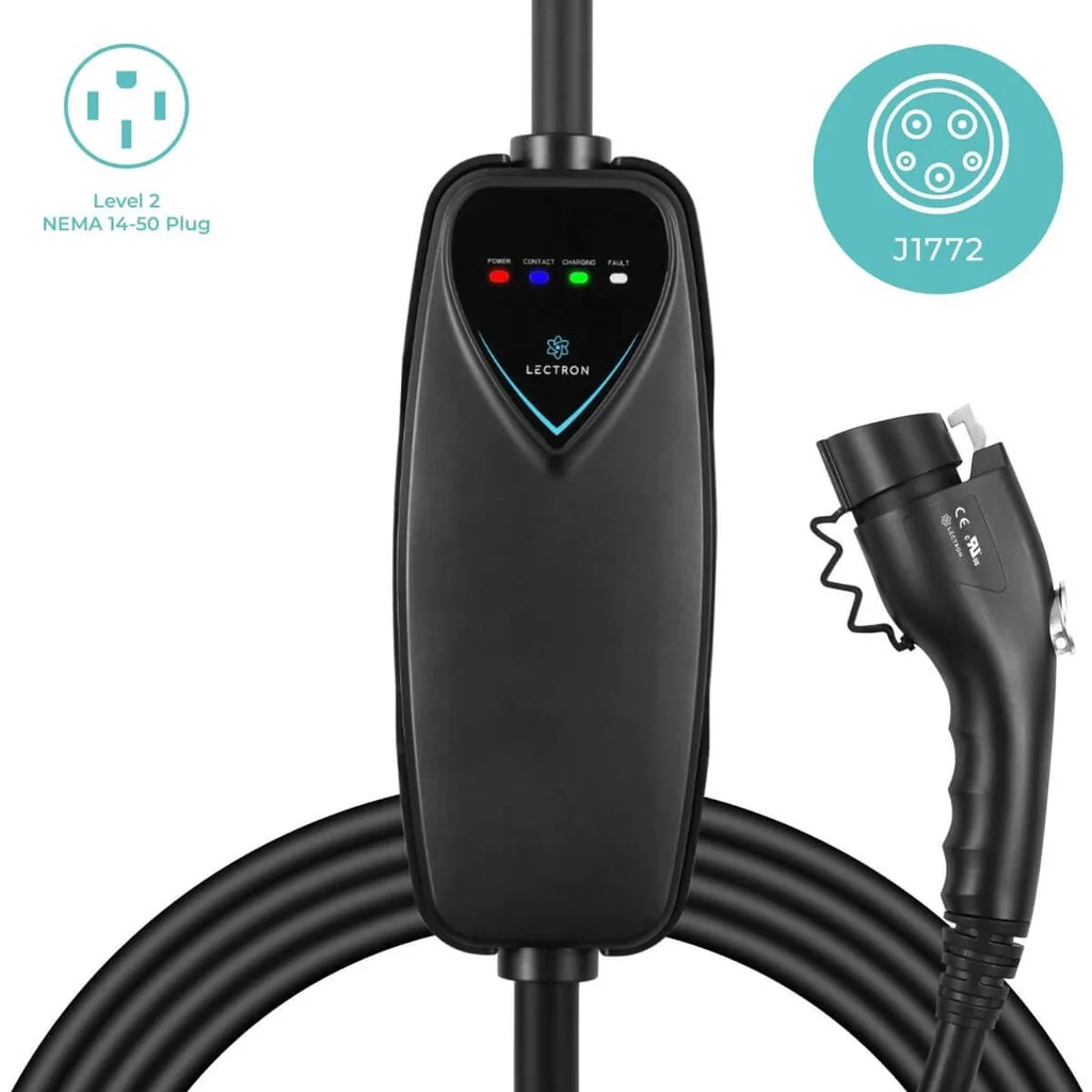Lectron portable Level 2 charger with NEMA 14-50 plug, control unit, and J1772 connector on coiled cable
