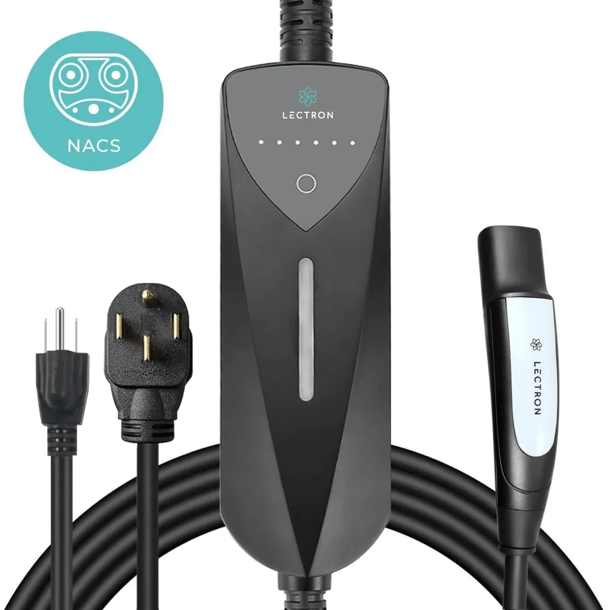 Lectron portable NACS charger with swappable NEMA 5-15 and NEMA 14-50 plugs and NACS connector