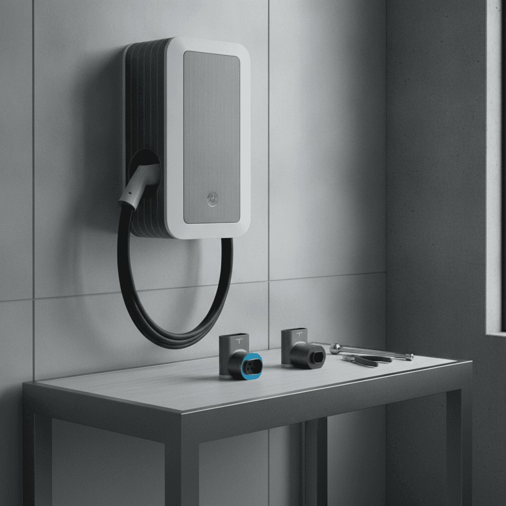 A compact value Level 2 home charger on a workbench beside a NEMA plug and a coiled connector