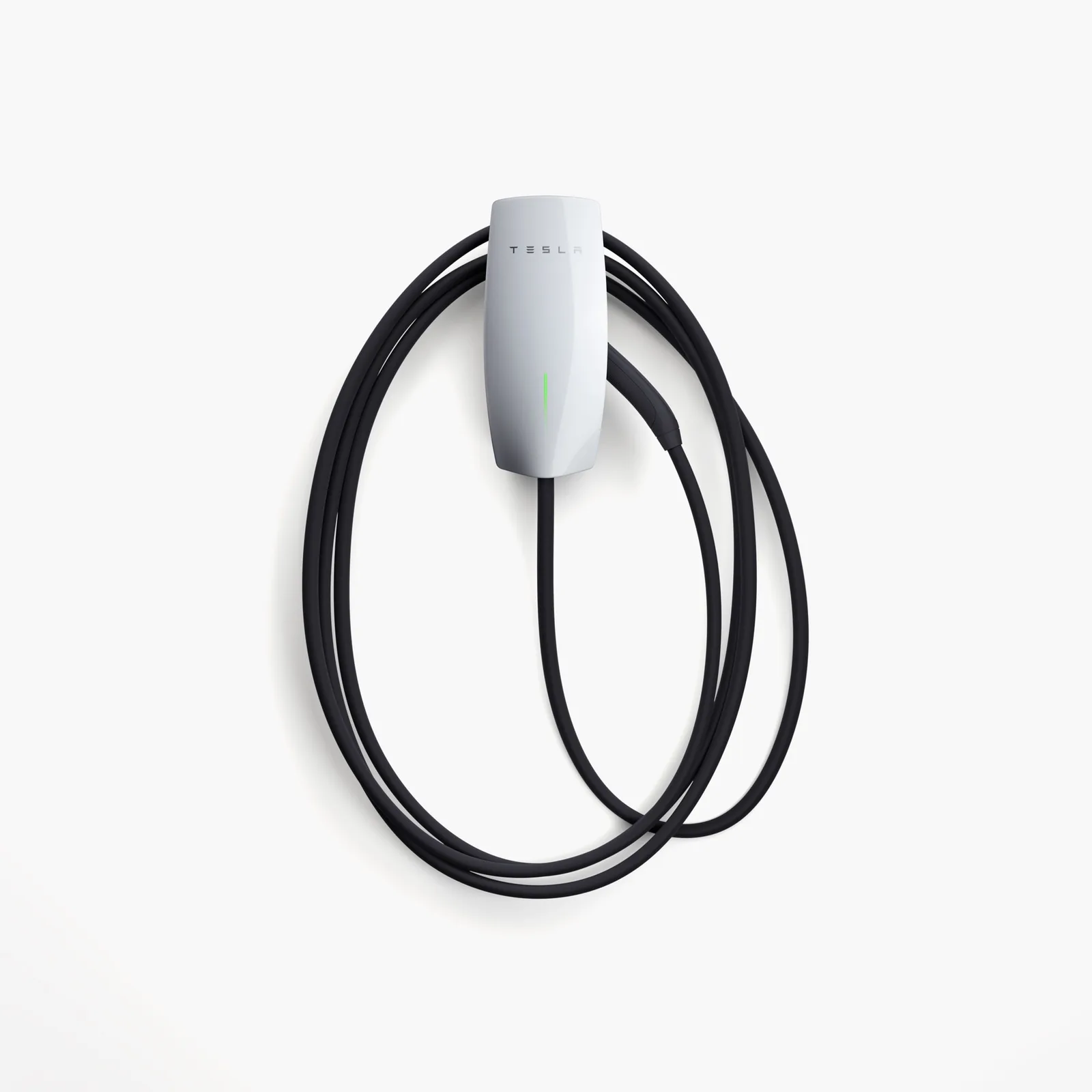 White Tesla Wall Connector with coiled black 24-foot cable on white background