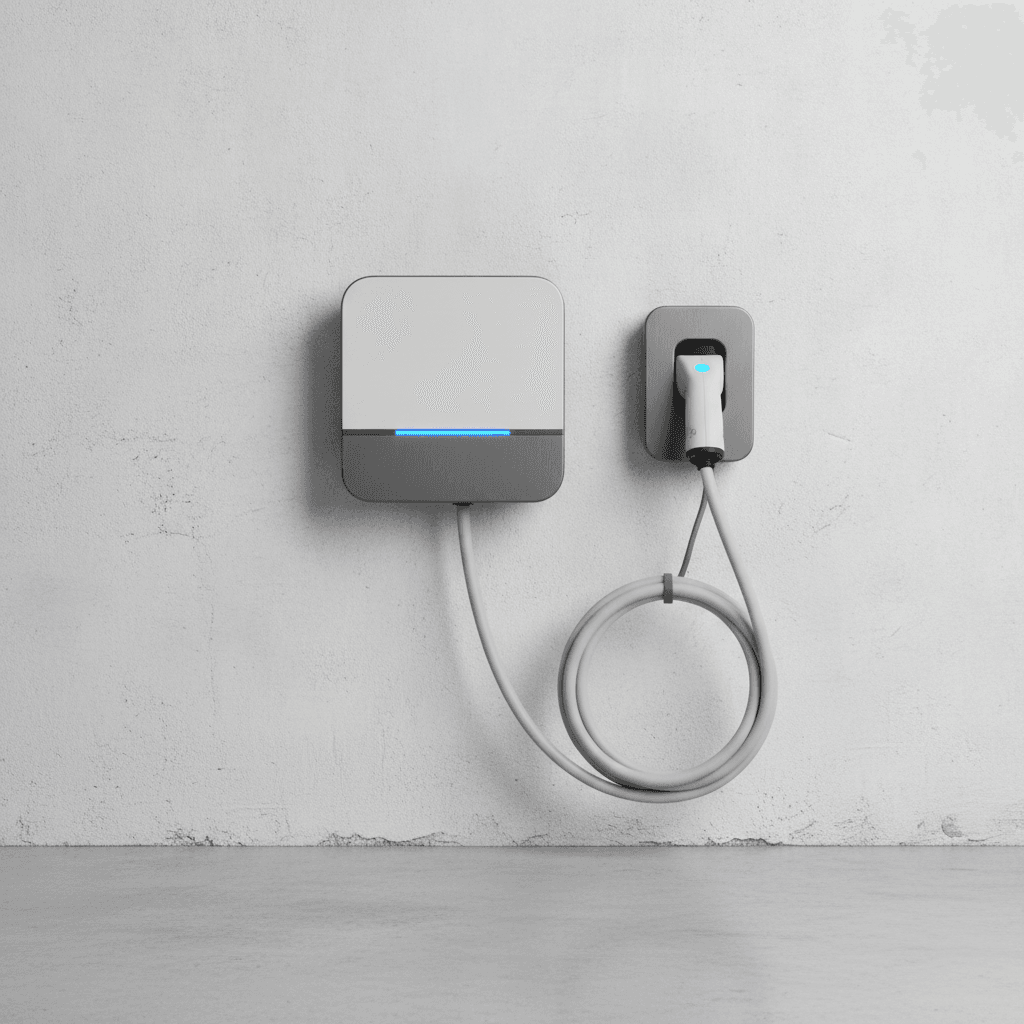A compact square Level 2 home charger mounted on a smooth off-white wall
